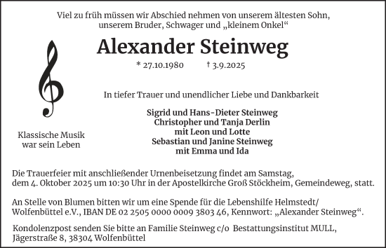 Traueranzeige von Alexander Steinweg von Wolfenbütteler Zeitung