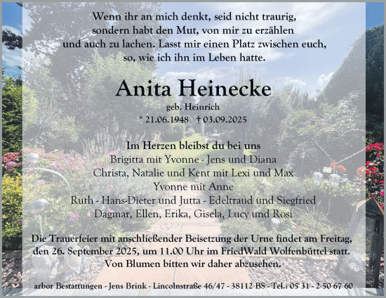 Traueranzeige von Anita Heinecke von Braunschweiger Zeitung