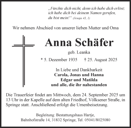 Traueranzeige von Anna Schäfer von Salzgitter-Zeitung