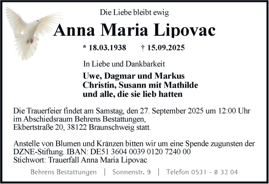 Traueranzeige von Anna Maria Lipovac von Braunschweiger Zeitung