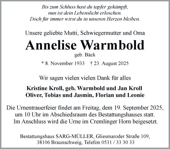 Traueranzeige von Annelise Warmbold von Braunschweiger Zeitung