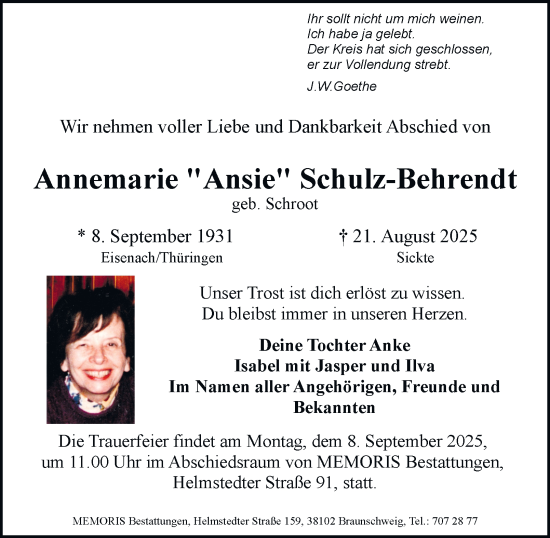 Traueranzeige von Annemarie Schulz-Behrendt von Braunschweiger Zeitung