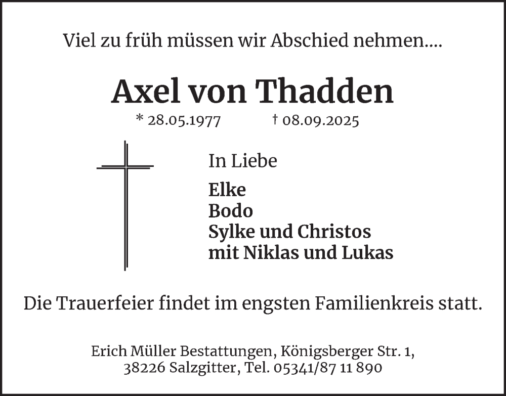  Traueranzeige für Axel von Thadden vom 13.09.2025 aus Braunschweiger Zeitung