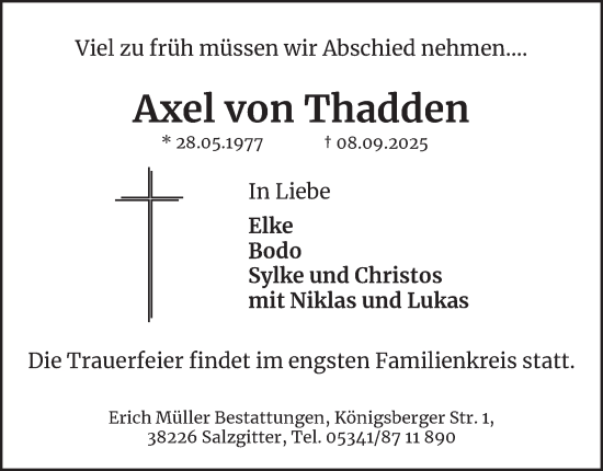 Traueranzeige von Axel von Thadden von Braunschweiger Zeitung