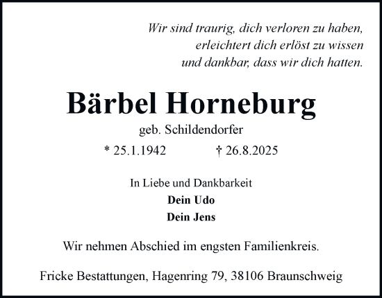 Traueranzeige von Bärbel Horneburg von Braunschweiger Zeitung