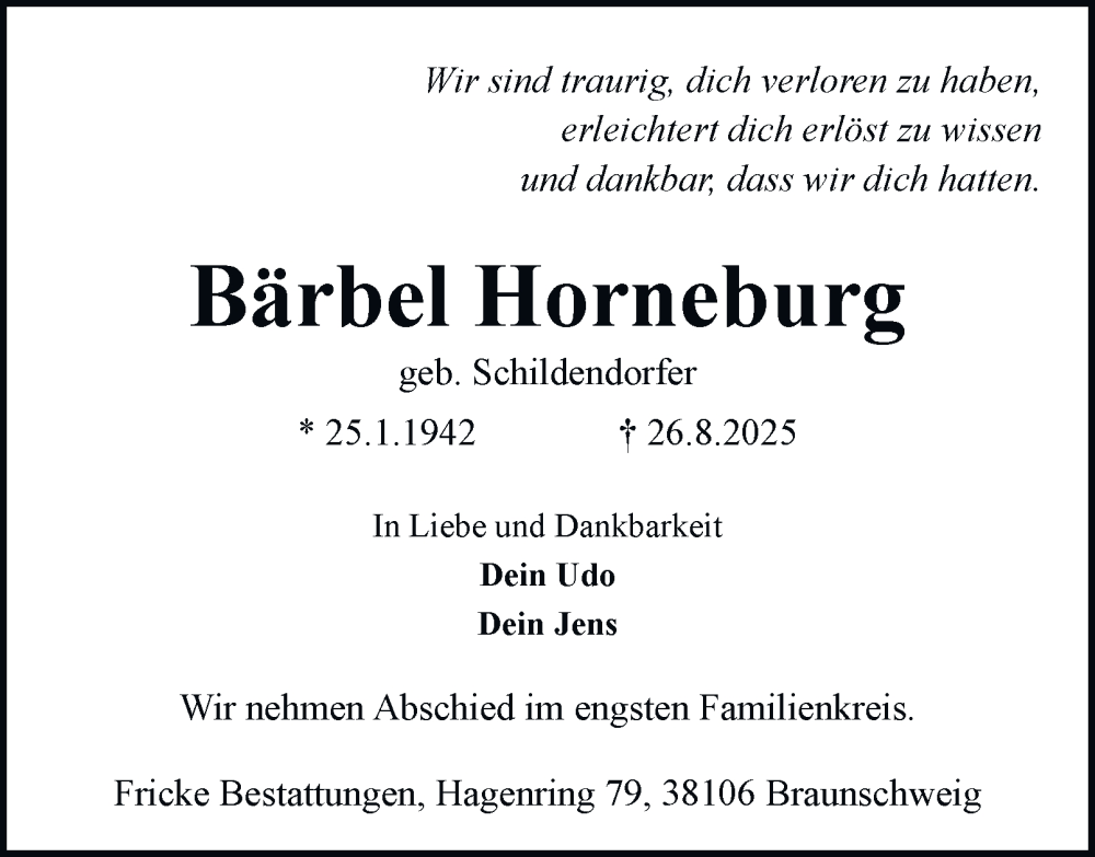  Traueranzeige für Bärbel Horneburg vom 13.09.2025 aus Braunschweiger Zeitung