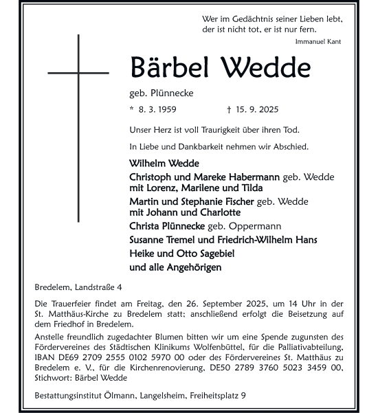 Traueranzeige von Bärbel Wedde von Salzgitter-Zeitung