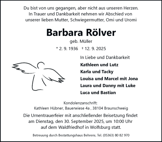 Traueranzeige von Barbara Rölver von Braunschweiger Zeitung, Wolfsburger Nachrichten