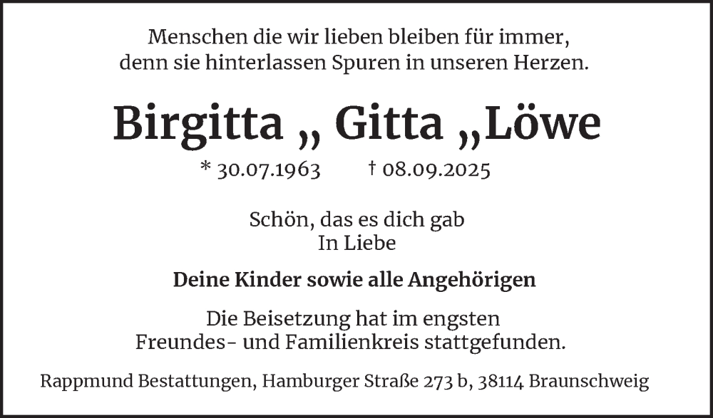  Traueranzeige für Birgitta Löwe vom 20.09.2025 aus Neue Braunschweiger am Samstag