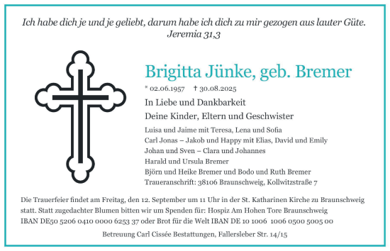 Traueranzeige von Brigitta Jünke von Braunschweiger Zeitung