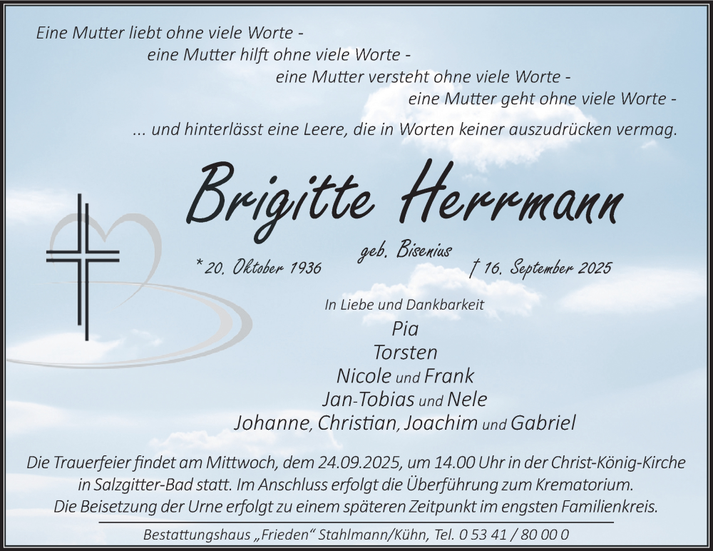  Traueranzeige für Brigitte Herrmann vom 20.09.2025 aus Salzgitter-Zeitung