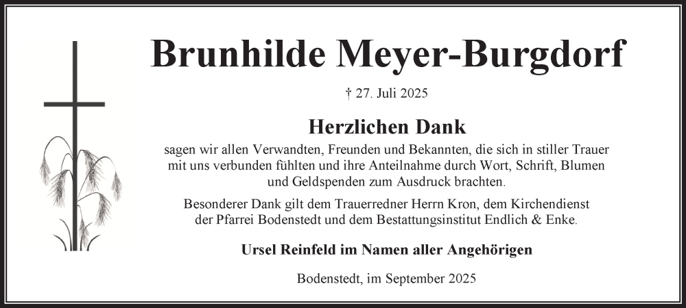  Traueranzeige für Brunhilde Meyer-Burgdorf vom 13.09.2025 aus Peiner Nachrichten