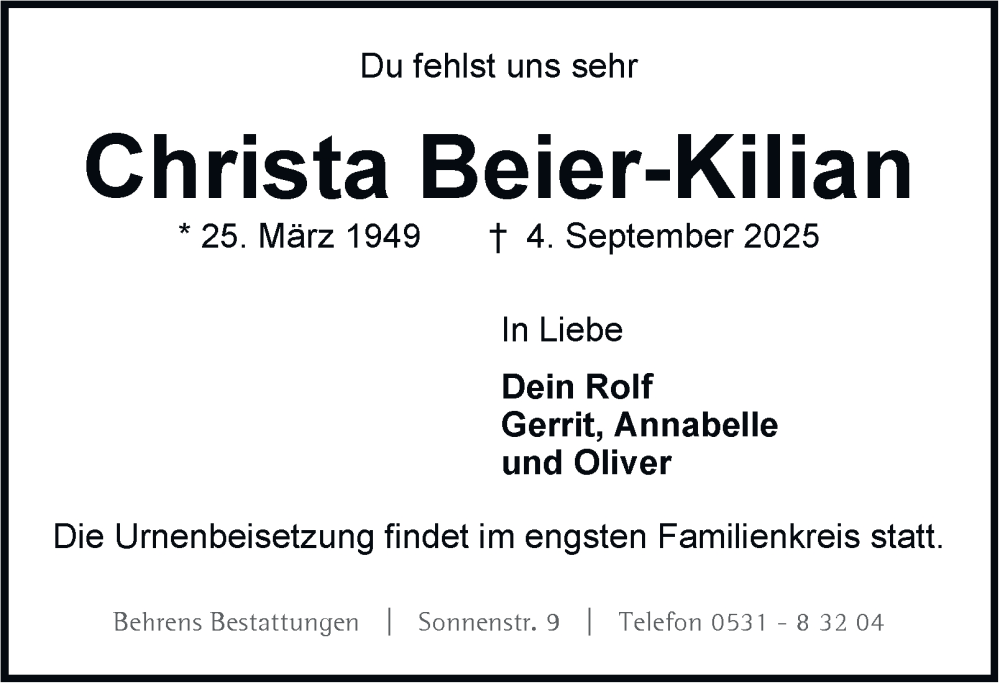  Traueranzeige für Christa Beier-Kilian vom 20.09.2025 aus Braunschweiger Zeitung