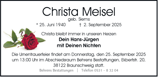 Traueranzeige von Christa Meisel von Braunschweiger Zeitung