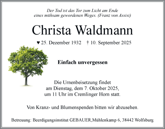 Traueranzeige von Christa Waldmann von Braunschweiger Zeitung, Wolfsburger Nachrichten