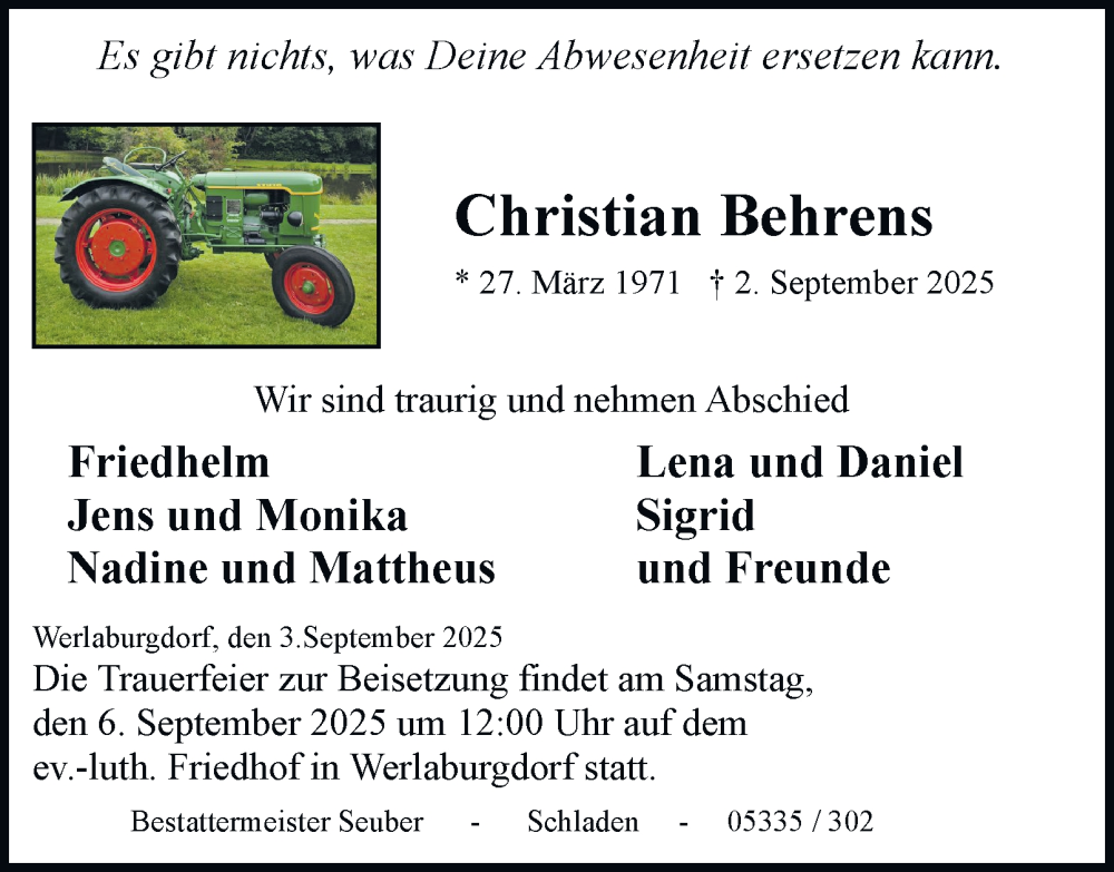  Traueranzeige für Christian Behrens vom 05.09.2025 aus Wolfenbütteler Zeitung