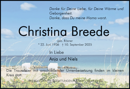 Traueranzeige von Christina Breede von Braunschweiger Zeitung