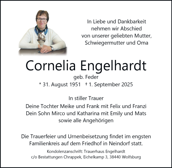 Traueranzeige von Cornelia Engelhardt von Braunschweiger Zeitung, Wolfsburger Nachrichten