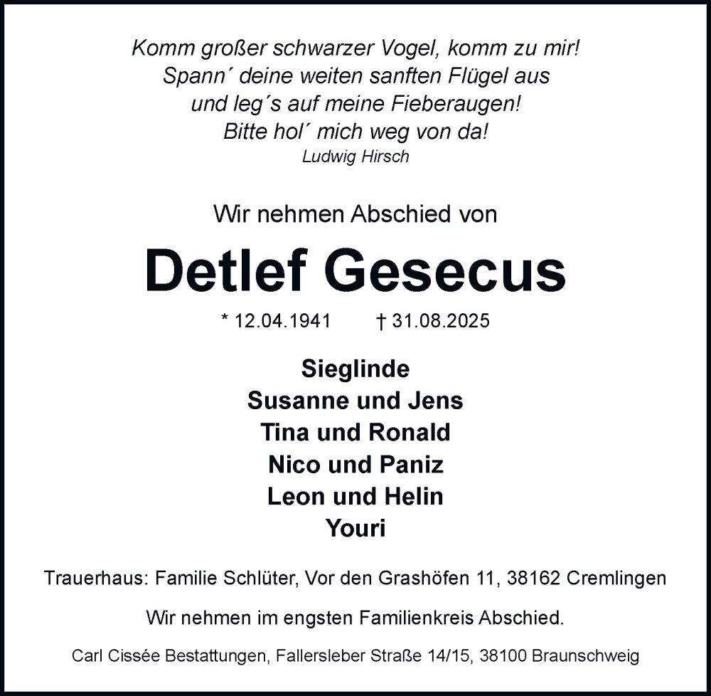  Traueranzeige für Detlef Gesecus vom 03.09.2025 aus Braunschweiger Zeitung