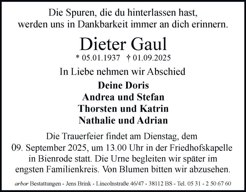  Traueranzeige für Dieter Gaul vom 06.09.2025 aus Braunschweiger Zeitung