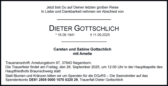 Traueranzeige von Dieter Gottschlich von Braunschweiger Zeitung