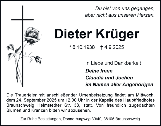 Traueranzeige von Dieter Krüger von Braunschweiger Zeitung