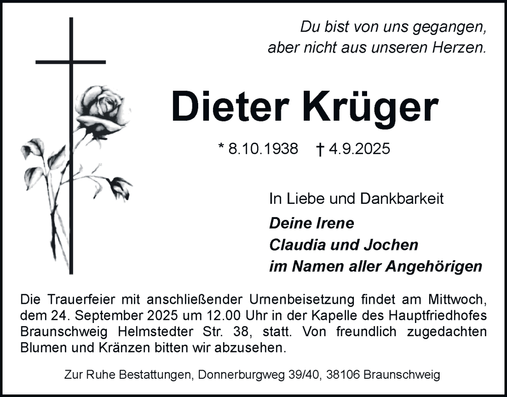  Traueranzeige für Dieter Krüger vom 13.09.2025 aus Braunschweiger Zeitung