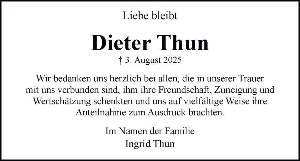  Traueranzeige für Dieter Thun vom 13.09.2025 aus Braunschweiger Zeitung, Wolfsburger Nachrichten