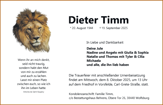 Traueranzeige von Dieter Timm von Braunschweiger Zeitung, Wolfsburger Nachrichten
