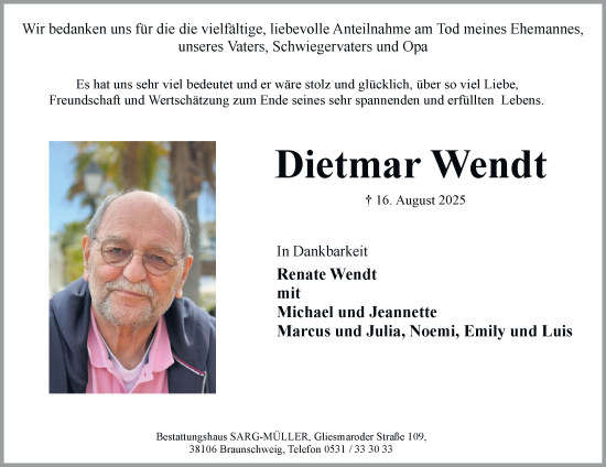 Traueranzeige von Dietmar Wendt von Braunschweiger Zeitung
