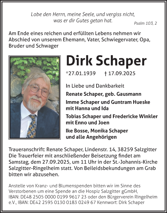 Traueranzeige von Dirk Schaper von Salzgitter-Zeitung