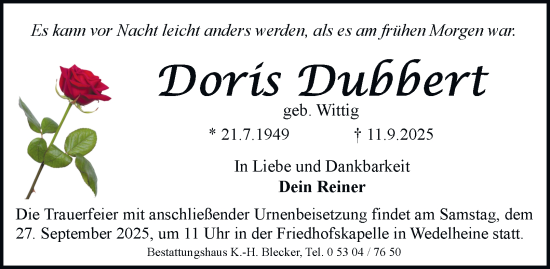 Traueranzeige von Doris Dubbert von Braunschweiger Zeitung, Wolfsburger Nachrichten