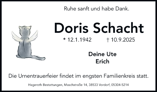 Traueranzeige von Doris Schacht von Braunschweiger Zeitung, Wolfsburger Nachrichten