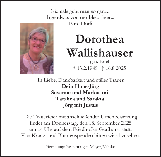 Traueranzeige von Dorothea Wallishauser von Braunschweiger Zeitung, Wolfsburger Nachrichten