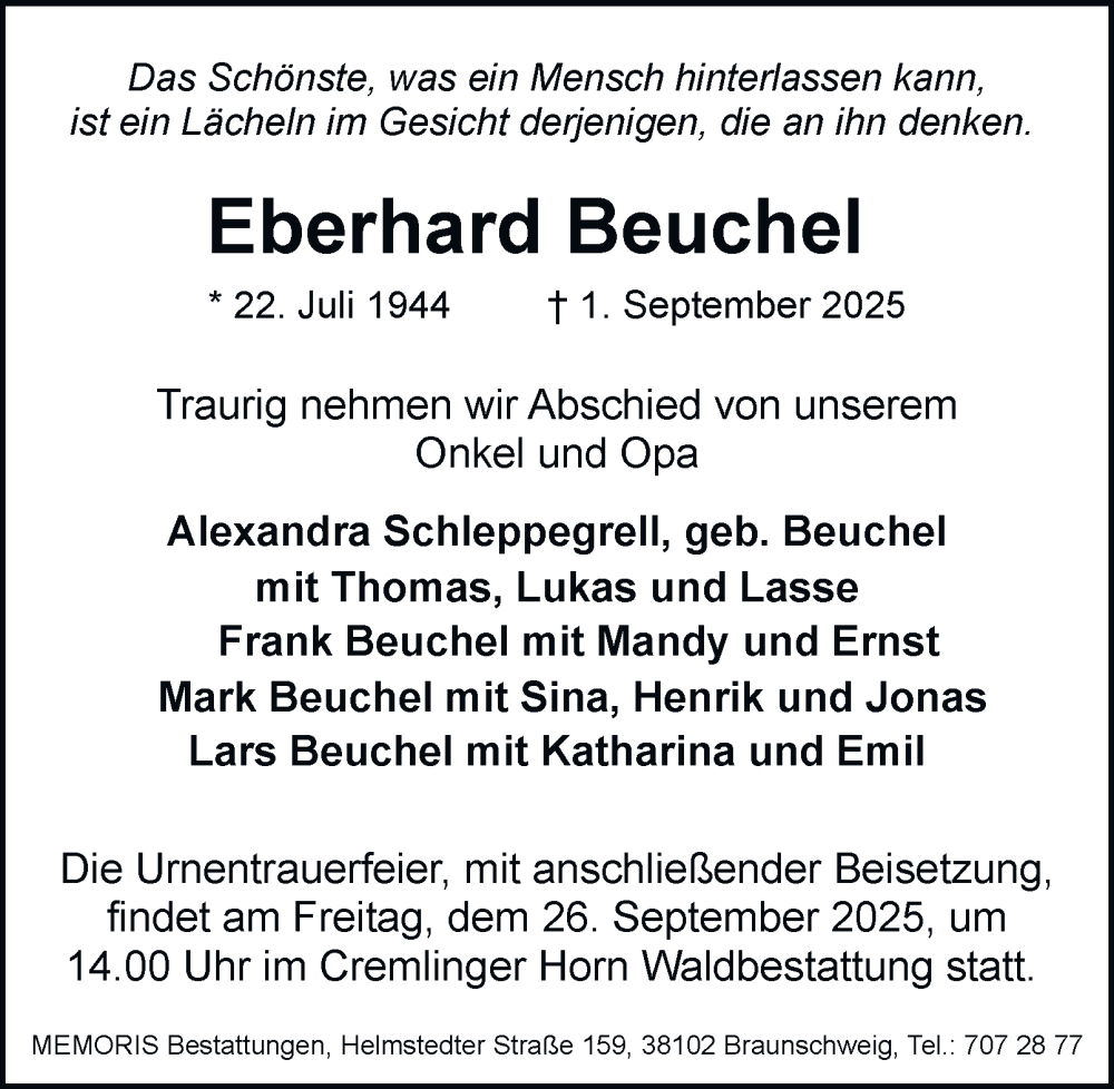  Traueranzeige für Eberhard Beuchel vom 06.09.2025 aus Braunschweiger Zeitung