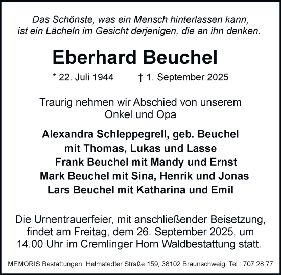 Traueranzeige von Eberhard Beuchel von Braunschweiger Zeitung