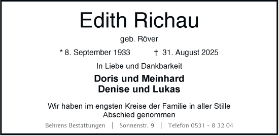 Traueranzeige von Edith Richau von Braunschweiger Zeitung