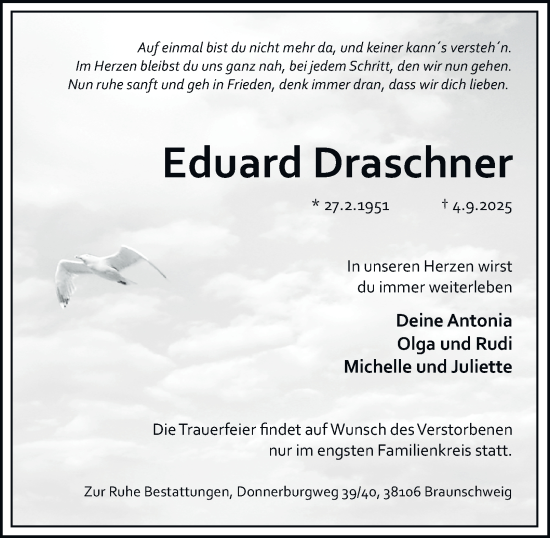Traueranzeige von Eduard Draschner von Salzgitter-Zeitung
