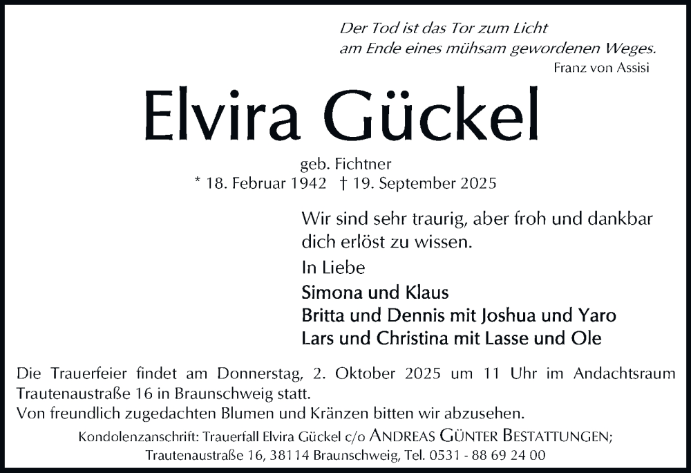  Traueranzeige für Elvira Gückel vom 27.09.2025 aus Braunschweiger Zeitung