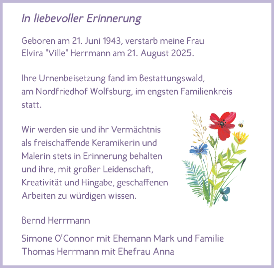 Traueranzeige von Elvira Herrmann von Braunschweiger Zeitung, Wolfsburger Nachrichten