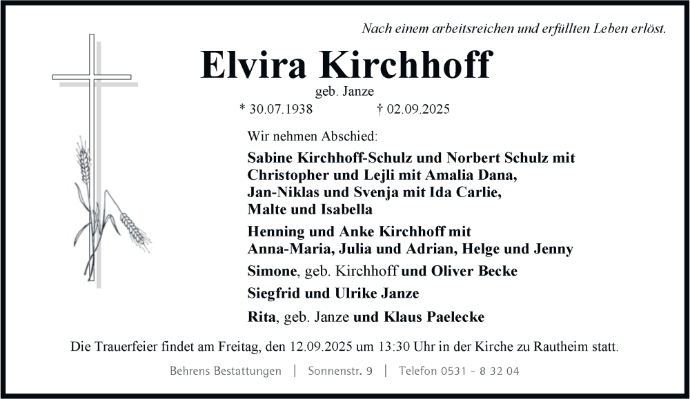  Traueranzeige für Elvira Kirchhoff vom 06.09.2025 aus Braunschweiger Zeitung