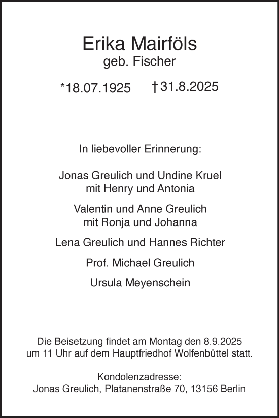 Traueranzeige von Erika Mairföls von Wolfenbütteler Zeitung