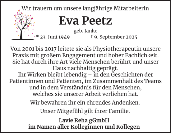 Traueranzeige von Eva Peetz von Braunschweiger Zeitung, Wolfsburger Nachrichten