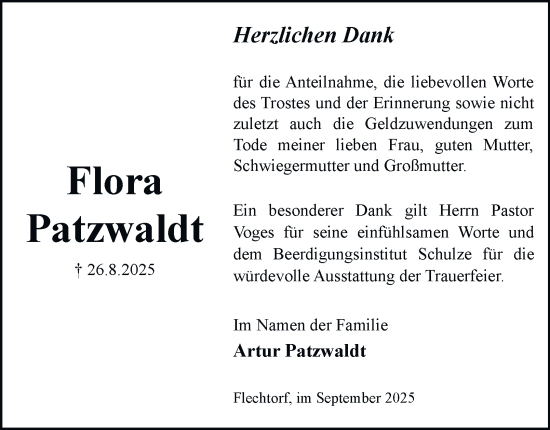Traueranzeige von Flora Patzwaldt von Helmstedter Nachrichten