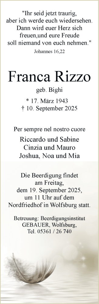 Traueranzeige von Franca Rizzo von Braunschweiger Zeitung, Wolfsburger Nachrichten