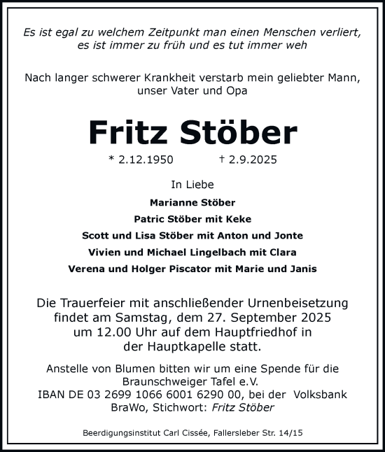 Traueranzeige von Fritz Stöber von Braunschweiger Zeitung