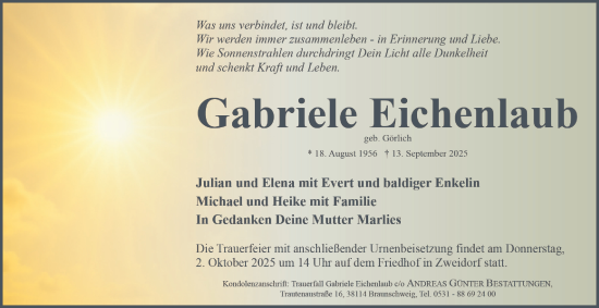 Traueranzeige von Gabriele Eichenlaub von Peiner Nachrichten