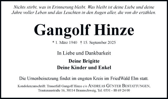 Traueranzeige von Gangolf Hinze von Braunschweiger Zeitung