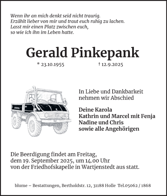 Traueranzeige von Gerald Pinkepank von Salzgitter-Zeitung