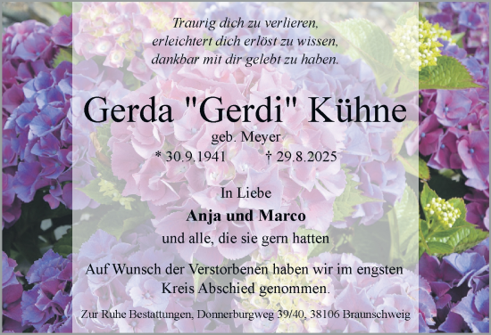 Traueranzeige von Gerda Kühne von Braunschweiger Zeitung